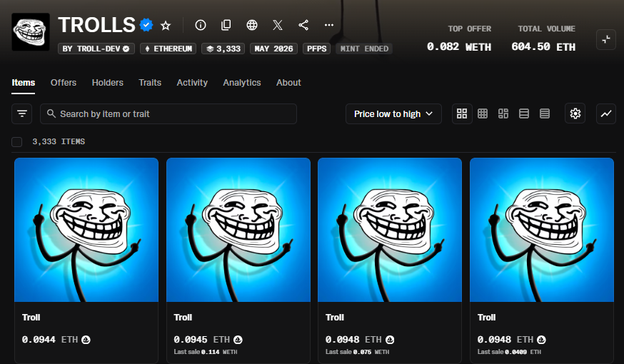 .@Troll_ was minted at 0.015 ETH. It reached 0.3 ETH within 24 hours ...