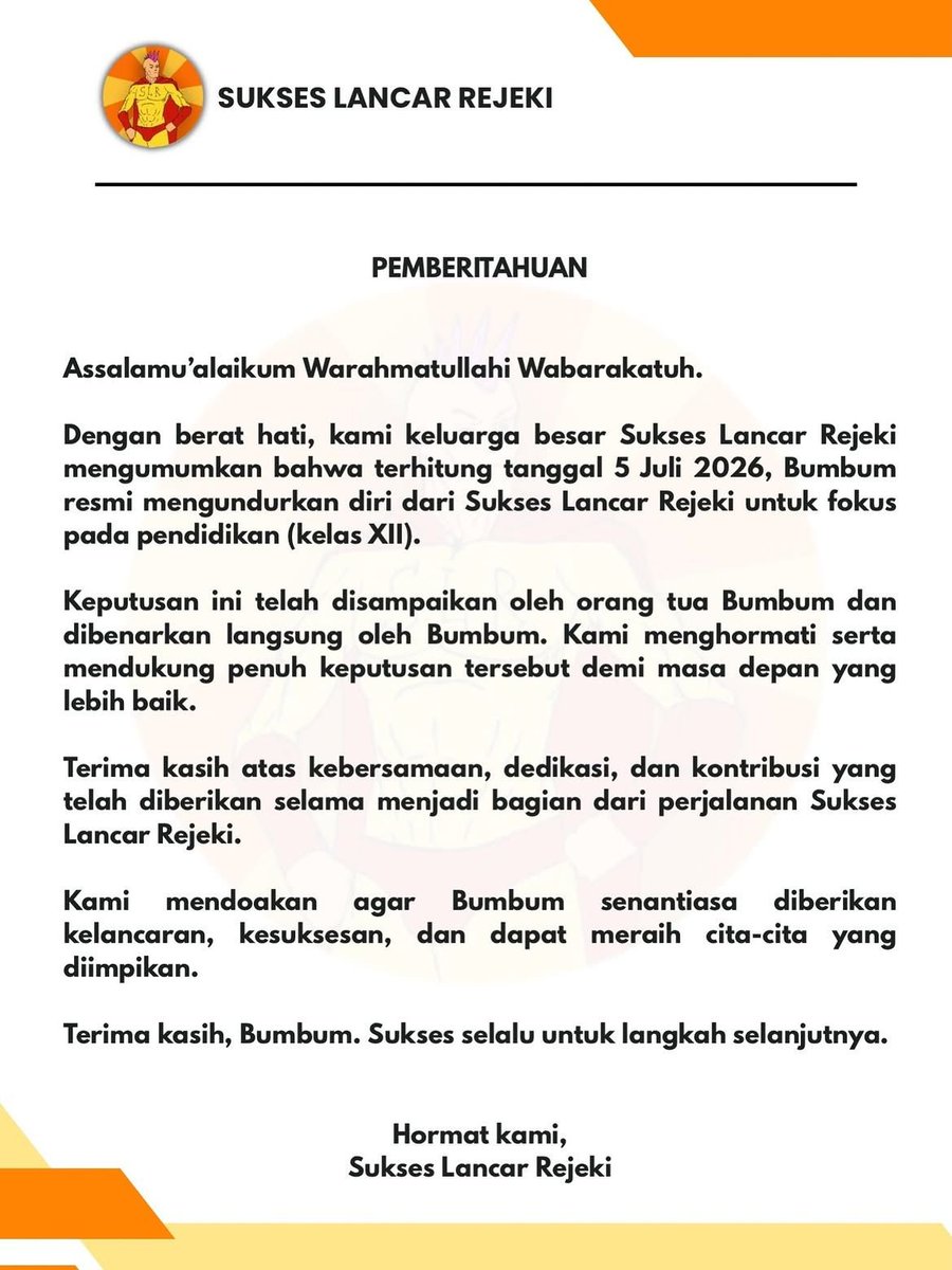 insidefolkative's tweet photo. Drummer Sukses Lancar Rejeki (SLR) Bumbum resmi mengumumkan bahwa ia mengundurkan diri dari band terhitung sejak 5 Juli 2026. Keputusan tersebut diambil agar Bumbum dapat fokus menyelesaikan pendidikan di kelas XII SMA. 

Keputusan ini telah disampaikan oleh orang tua Bumbum dan dikonfirmasi langsung oleh Bumbum sendiri.
