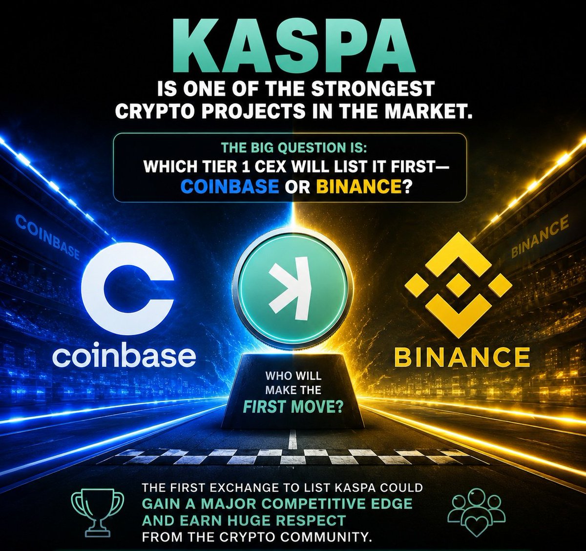 pepekaspa's tweet photo. Who will be the first to flinch?
#coinbase #binance 
Whoever it is $Kaspa is ready to 🚀🚀🚀 https://t.co/wBgmyQYpfm