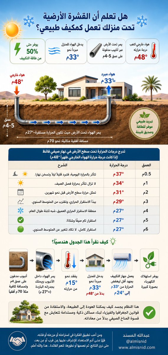 ALMISNID's tweet photo. ❄️ هل تعلم أن القشرة الأرضية تحت منزلك تعمل كمكيف طبيعي؟ ❄️

🌡️ علمياً على عمق 3 إلى 5م تقريباً تستقر حرارة التربة عند المتوسط السنوي للمنطقة المستهدفة، نحو 27°م صيفاً وشتاءً.

🌬️ وعليه يمكن عبر تقنية الأنابيب الأرضية سحب هواء #الصيف اللاهب (48°م)، ليمر تحت الأرض ثم يدخل المنزل مبرداً (نحو 33°م) مجاناً.

⚡ هو تبريد أولي ذكي قد يوفر حتى 50٪ من طاقة التكييف.

📖 هذا الملخص، ودونك التفصيل:

🔬 التفسير العلمي المفصل لهذه التقنية البيئية المدهشة، والذي يشرح كيف يتحول باطن الأرض إلى معدل طبيعي لحرارة الهواء داخل المنزل.

🌍 لماذا تبرد الأرض من الداخل في الصيف؟
 السر العلمي يكمن في خاصيتين فيزيائيتين للتربة:

🪨 التربة ثقيلة وكثيفة، لذا فهي تكتسب الحرارة ببطء شديد، وتفقدها ببطء أشد، وهذا يجعلها تقاوم التغيرات السريعة في درجات حرارة الهواء الخارجي.

ولأن انتقال الحرارة بطيء جداً عبر طبقات الأرض، فإن حرارة شمس الصيف اللاهبة تحتاج إلى عدة أشهر لتصل إلى عمق 3 أو 4م.

وبحلول الوقت الذي تصل فيه هذه الحرارة إلى ذلك العمق، يكون فصل #الخريف قد بدأ على السطح، وهذا التأخر الزمني يضمن بقاء الأعماق معتدلة إلى حد كبير.

📊 جدول تدرج درجات الحرارة تحت سطح الأرض (في نهار صيفي قائظ)
هذا الجدول يوضح تقديراً علمياً لدرجات الحرارة تحت الأرض في منطقة صحراوية أو شبه صحراوية، حيث يبلغ المتوسط السنوي لدرجة الحرارة نحو 27°م.

🌡️ إذا كانت درجة حرارة الهواء الخارجي ظهراً 48°م:

📌 عمق 0.5م → 37°م
🌤️ تتأثر بالحرارة اليومية، فتبرد قليلاً ليلاً وتسخن نهاراً.

📌 عمق 1م → 34°م
🌞 لا تزال تتأثر بحرارة فصل الصيف.

📌 عمق 2م → 31°م
🕰️ تمثل حرارة سطح الأرض قبل نحو شهرين.

📌 عمق 3م → 29°م
📉 يبدأ الاستقرار الحراري، وتقترب الحرارة من المتوسط السنوي.

📌 عمق 4م → 27°م
❄️ منطقة الاستقرار الحراري العميق، ودرجة حرارة شبه ثابتة طوال العام.

📌 عمق 5م → 27°م
✅ استقرار تام صيفاً وشتاءً.

📌 عمق 6م → 27°م
🟢 استقرار كامل، ولا تكاد تتغير عن المتوسط السنوي.

💡 كيف نقرأ هذا الجدول هندسياً؟
العمق المستهدف والمثالي - من وجهة نظري - يتراوح بين 4 و5م لدفن أنابيب التهوية.

فإذا سحبت هواءً خارجياً بدرجة 48°م، ومررته داخل أنبوب مدفون على عمق 4م ولمسافة كافية (مثلاً 70م أفقياً تحت الحديقة)، فإن الهواء يحتك بجدران الأنبوب الباردة (27°م).
ونتيجة لذلك يفقد الهواء نحو 15 درجة مئوية من حرارته.

سيدخل هذا الهواء إلى الفلة أو العمارة أو الاستراحة بدرجة تقارب 33°م بدلاً من 48°م.

عندها سيعمل جهاز التكييف المركزي بجهد أقل بكثير ليخفض الحرارة من 33°م إلى 24°م، مما يوفر استهلاك الكهرباء بصورة كبيرة.

هذا النظام يجسد كيف يمكننا العودة إلى الطبيعة، والاستفادة من قوانين الجغرافيا والفيزياء لبناء مساكن ذكية ومستدامة تتعايش مع قسوة المناخ الصيفي بدلاً من معاداته.

☑️ومن أحب تطبيق الفكرة في استراحته أو مزرعته أو فلته، فأنا على أتم الاستعداد للإشراف عليها عن قرب أو عن بعد، حتى نرى النتائج، ثم نعممها أو نطورها، لتعم الفائدة.. هذا والله أعلم.