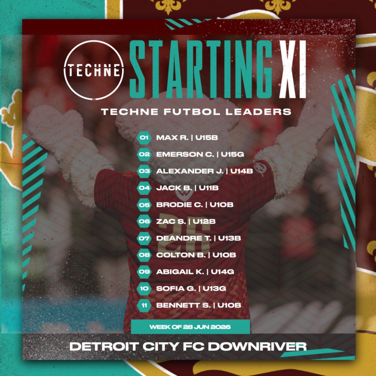 DCFCDownriver's tweet photo. ⚜️ STARTING XI ⚜️ Congratulations to our players who secured top positions on the TECHNE Leaderboard last week! Your dedication and hard work in using the TECHNE Futbol app are truly commendable! Keep up the excellent work! @technefutbol #dcfcdownriver https://t.co/80fMSYfupc