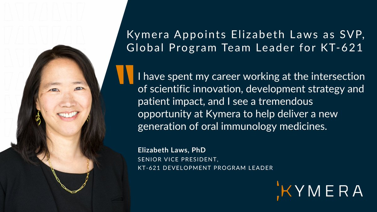 KymeraTx's tweet photo. Today, we announced the appointment of Elizabeth Laws as Senior Vice President, KT-621 Development Program Leader. Liz brings extensive experience across immunology clinical development, global franchise strategy and commercialization to Kymera as we continue advancing KT-621, our investigational, first-in-class, oral STAT6 degrader, as a potential paradigm-shifting oral therapy for multiple Type 2 inflammatory diseases. Welcome to the team, Liz! https://t.co/6Qh1zpFkq2

#RevolutionizingImmunology