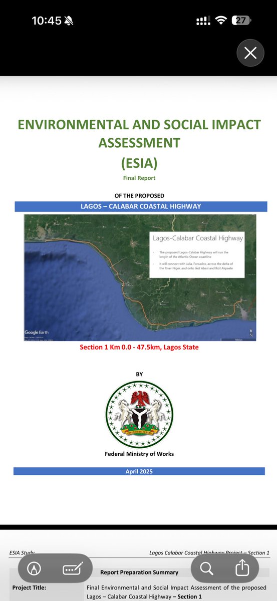 ruffydfire's tweet photo. The ministry of environment claim the EIA was out in November 2024

The EIA report release is dated April 2025 by the ministry of Works

You can see that why Nigeria is a bedlam

When laila Johnson salami asked for the EIA in May 2024 the project had started so it’s obvious they had no EIA then

That’s a violation of the EIA act

Let me now excite you

The document released by Bureau of public enterprise in September 2024 shows that no EIA was presented at the start of the project
 The project started around March 2024

Laila asked for EIA in May 2024

BPP said no EIA as at September 2024

This is a violation of the EIA act that says before a project of this magnitude you must do EIA
Read and make up your mind what you think of Nigeria
