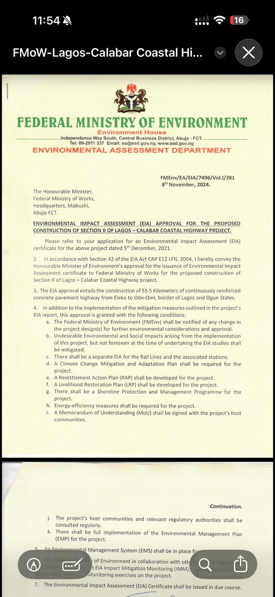 ruffydfire's tweet photo. The ministry of environment claim the EIA was out in November 2024

The EIA report release is dated April 2025 by the ministry of Works

You can see that why Nigeria is a bedlam

When laila Johnson salami asked for the EIA in May 2024 the project had started so it’s obvious they had no EIA then

That’s a violation of the EIA act

Let me now excite you

The document released by Bureau of public enterprise in September 2024 shows that no EIA was presented at the start of the project
 The project started around March 2024

Laila asked for EIA in May 2024

BPP said no EIA as at September 2024

This is a violation of the EIA act that says before a project of this magnitude you must do EIA
Read and make up your mind what you think of Nigeria