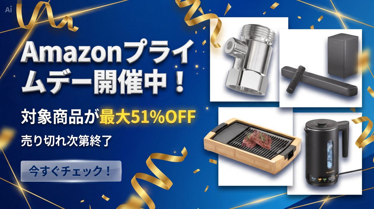 sinsankai_jp's tweet photo. Amazonプライムデー開催中！

SINSANKAI取扱いの対象商品が、最大51％OFFでお得に販売中です。

テレビ・サウンドバー、キッチン家電、水回り節水アイテム、カーメンテナンス用品まで、今だけの特別価格でご用意しています。

セールは7月13日まで。
 ただし、売り切れ次第終了となりますので、気になる商品はお早めにチェックしてください。

▼対象商品はこちら

【テレビ・サウンドバー】
 https://t.co/AvHv5D0FBM 

【キッチン・リビング家電】
 https://t.co/Q5MLgY3Xg4

【水回り節水】
 https://t.co/gMBQHwa0oP 

【カーメンテナンス】
 https://t.co/2d2vmFVzBa

※セール価格・在庫状況は予告なく変更となる場合があります。

#Amazonプライムデー #家電セール