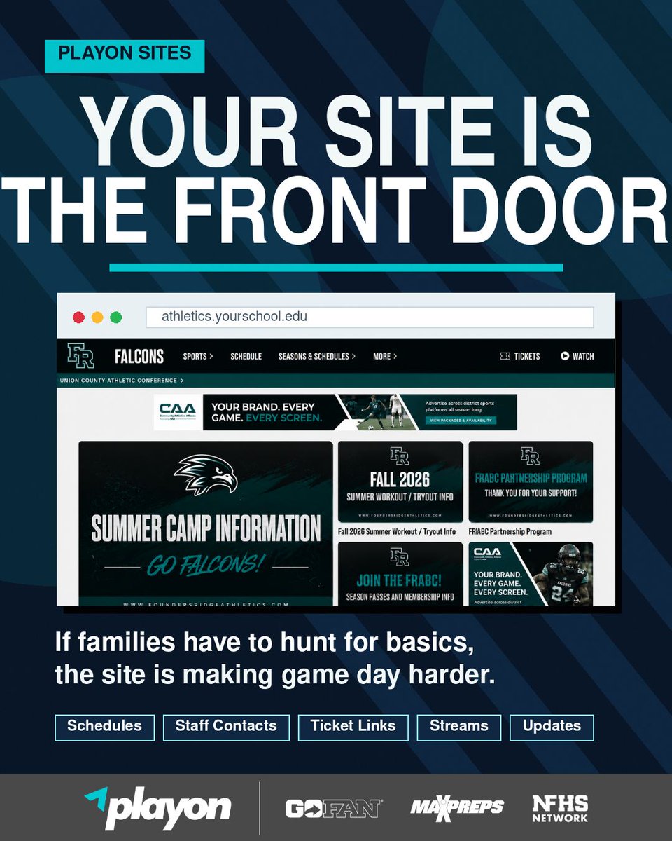 MikeHartPlayOn's tweet photo. One month into my role at PlayOn, one thing has stood out:

It is way harder than it should be to find basic athletic department information.

Schedules. Staff contacts. Ticket links. Livestream links. Team pages. Game-day updates. https://t.co/EFpdkdUtYF