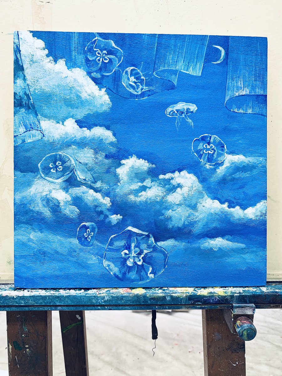クラゲの泳ぐ青空』 久しぶりにアクリル絵の具で絵を描いた！