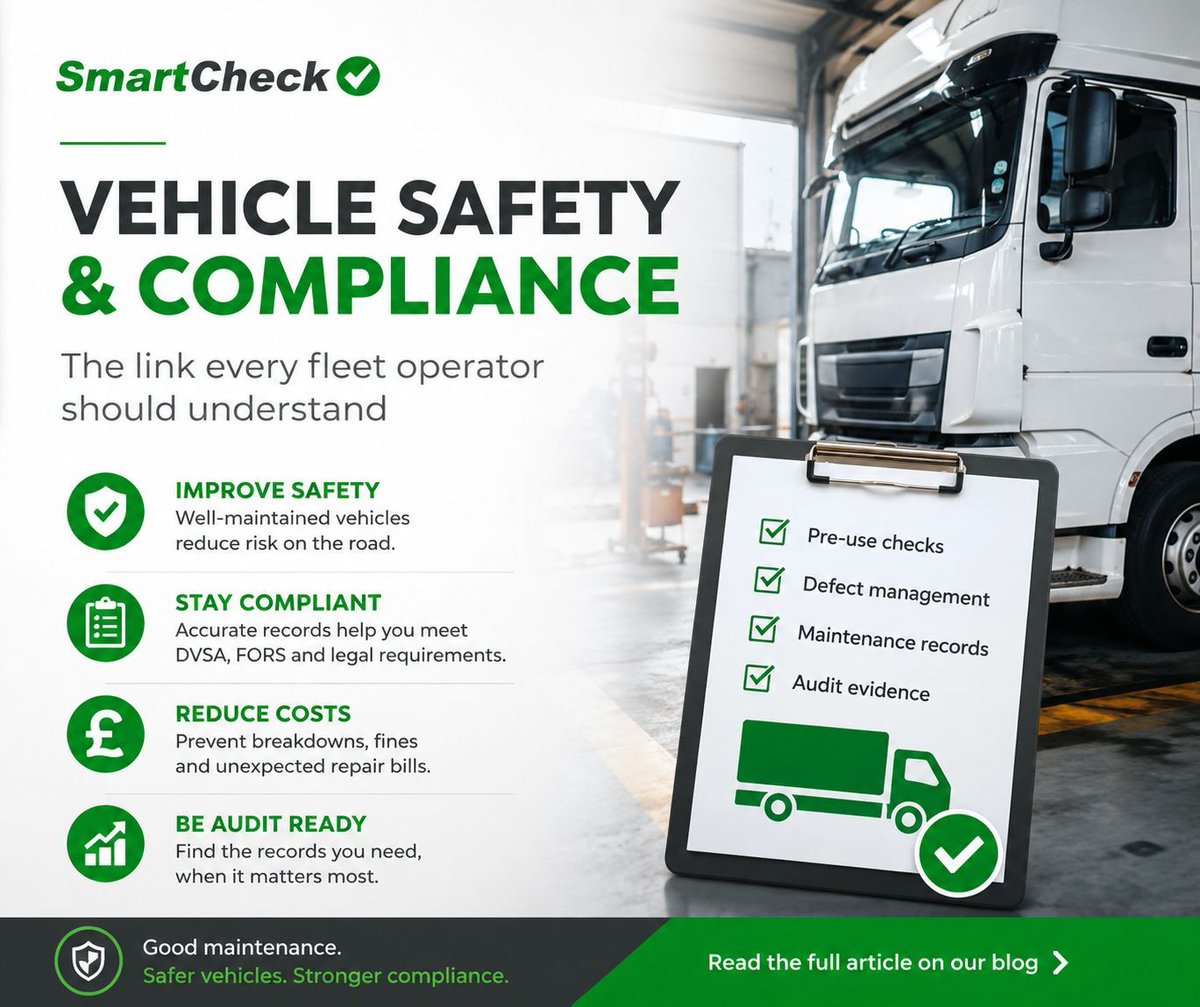 smart_check's tweet photo. Vehicle safety and compliance go hand in hand.
Poor maintenance doesn't just increase the risk of breakdowns; it can also lead to compliance issues, enforcement action and unnecessary costs.
We've explored the connection in our article:
https://t.co/M0w0ctskuo https://t.co/Rs1eQKPFrC