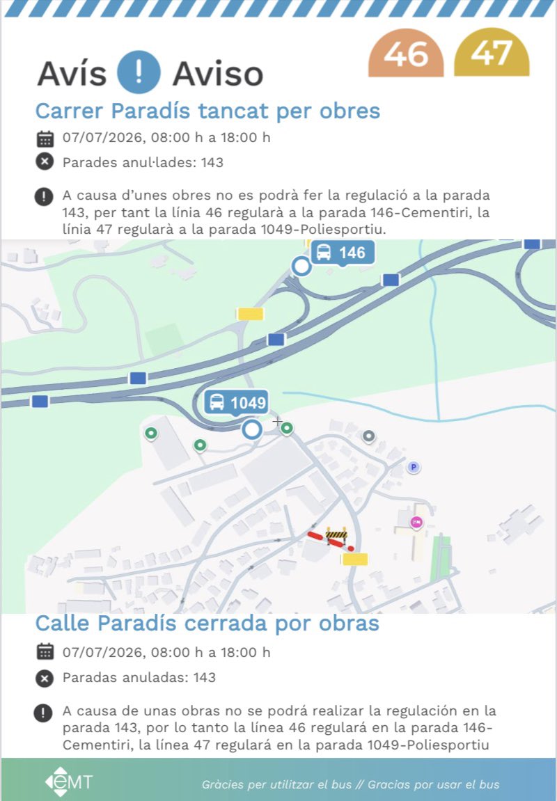 EMT_Palma's tweet photo. #AvisosEMT ⚠️ La parada 143 queda anul•lada dia 07/07 fins les 18h. Consulta els detalls! ⬇️
-
⚠️ La parada 143 queda anulada el 07/07 hasta las 18h. ¡Consulta los detalles! ⬇️ https://t.co/WQmdeDJ83x