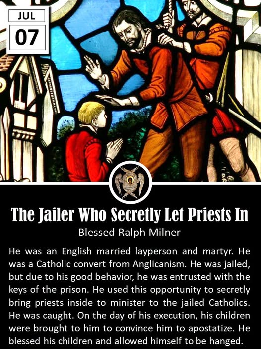 father_rmv's tweet photo. Blessed Ralph Milner was an English layman and martyr who lived during a time of intense religious persecution in the late sixteenth century. Born around the early 1500s in Slackstead or Flacsted in Hampshire, he spent most of his life as a simple, illiterate farmer working the land to support his wife and their eight children. Raised as a Protestant, he was struck by the contrast he observed between the devout lives of his Catholic neighbors and those around him. This led him to seek instruction in the Catholic faith and eventually convert.

His commitment to the new faith was tested immediately. On the very day he received his first Holy Communion, authorities arrested him for changing his religion and imprisoned him in Winchester. Despite years behind bars, Milner's good character and trustworthiness earned him unusual privileges. Jailers often granted him parole and even entrusted him with the keys to the prison. He used this freedom not for personal gain but to aid fellow Catholic prisoners, gather alms for them, and, most importantly, escort hidden priests through the countryside so they could secretly minister to scattered and persecuted Catholic communities.

Milner served as a guide and protector to missionary priests, including Father Thomas Stanney and later Father Roger Dickenson. His efforts helped sustain the faith in a dangerous era when practicing Catholicism could mean death. Eventually, he was recaptured along with Father Dickenson. During his trial, the judge, perhaps taking pity on the elderly farmer, urged him to attend a Protestant service even once to spare his life. Milner refused, declaring that such an act went against the teachings of the Gospel.

As he approached the gallows on July 7, 1591, his children were brought before him in a final attempt to weaken his resolve. Instead of yielding, he blessed them and expressed that he could wish them no greater blessing than to die for the same cause. He faced execution with courage and calm alongside his priestly companion. Both men were beatified together in 1929, recognizing their steadfast witness to the Catholic faith amid hardship.

Ralph Milner's story stands as a testament to quiet heroism. Though uneducated and of humble station, he embodied profound loyalty to his beliefs, using his limited freedom to serve others and ultimately giving his life rather than compromise his convictions.