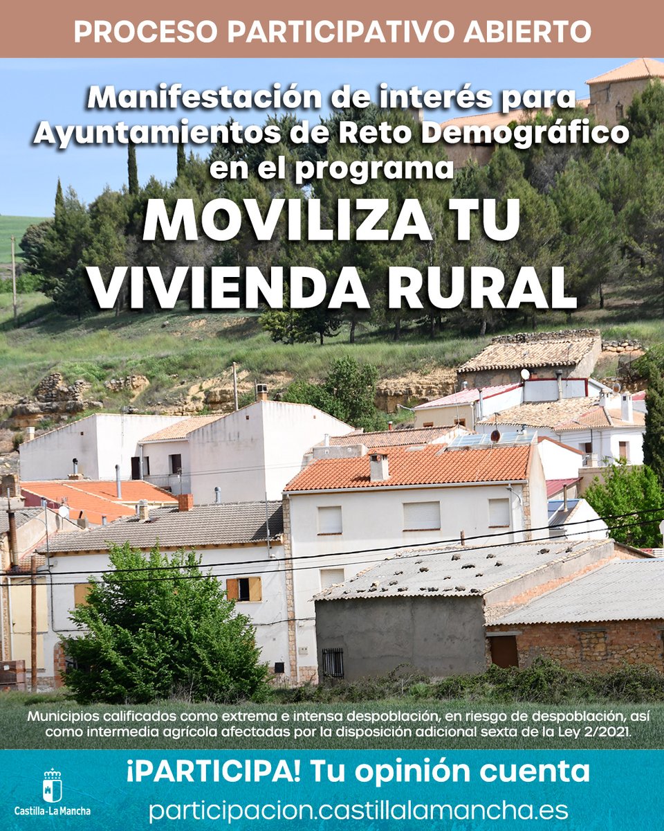 gobjccm's tweet photo. 🏘️Proceso participativo del programa ‘Moviliza tu vivienda rural’.

👉Ayudas para la puesta a disposición de los Ayuntamientos de Reto Demográfico de viviendas vacías para su alquiler como vivienda asequible o social.

⌛ Mañana termina el plazo ➡️ Manifiesta tu interés en el programa para garantizar su eficacia y un desarrollo eficaz:
https://t.co/GpP8yBCZgW
