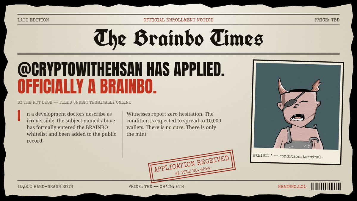 cryptowithehsan's tweet photo. BREAKING: I am officially a BRAINBO. Application no. 4294 — on the record.

10,000 hand-drawn rots on ETH. Whitelist open now via @BrainboNFT

https://t.co/VH8fn3CHcT https://t.co/rlcGasjGUB