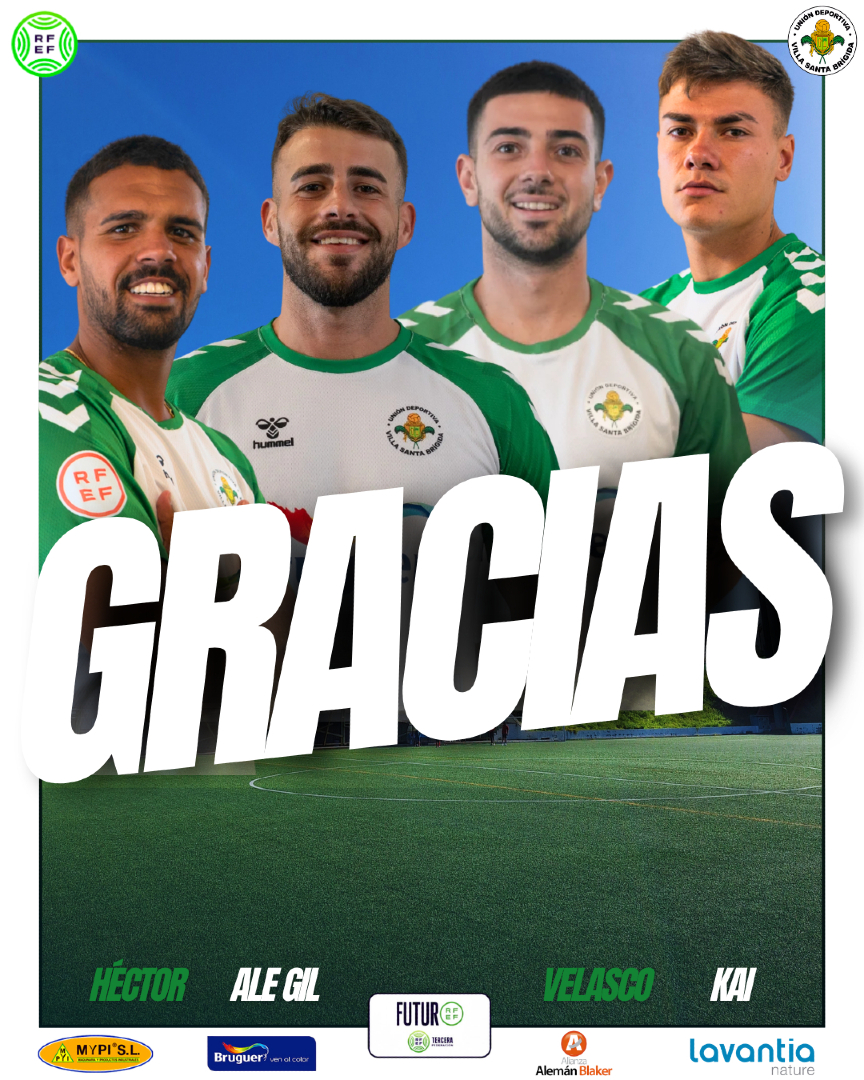 udvsbrigida's tweet photo. 💚 Hoy despedimos a Héctor, Ale Gil, Velasco y Kai, que no continuarán formando parte de nuestro primer equipo.

Gracias por el trabajo y el compromiso mostrados durante su etapa en el club. Les deseamos lo mejor en sus próximos retos deportivos. 💚⚽ https://t.co/2hw3QXm4v7
