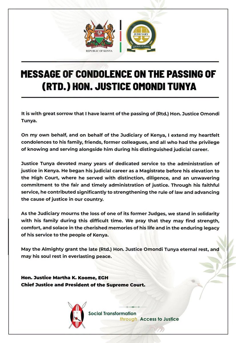 Legalexpresske's tweet photo. The Judiciary has released an official condolence message for Rtd. Justice Omondi Tunya. While the official tribute honors his decades of service, his 5-decade career reflects the raw history of the Kenyan bench itself.
Full editorial: https://t.co/nS5X6DtOhe
#LegalExpressKenya https://t.co/n3M0p0bF1j