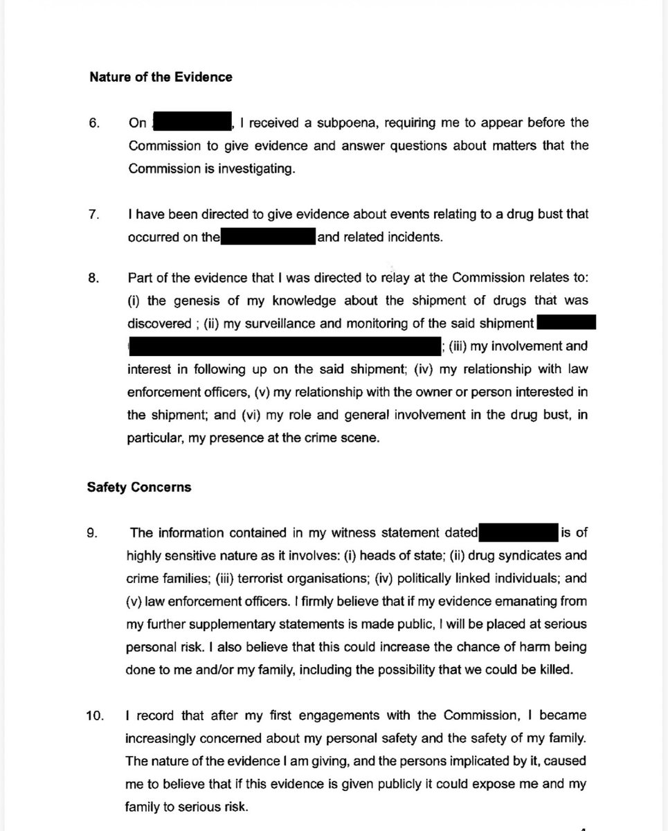 Abramjee's tweet photo. Witness M, who is expected to testify about a major drug bust, has applied to give evidence in camera before the Madlanga Commission. 

According to the witness:

“The information contained in my witness statement is of highly sensitive nature as it involves: heads of state; drug syndicates and crime families; terrorist organisations; politically linked individuals; and
law enforcement officers. 

“I firmly believe that if my evidence emanating from my further supplementary statements is made public, I will be placed at serious personal risk. I also believe that this could increase the chance of harm being done to me and/or my family, including the possibility that we could be killed.”

@pule_jones