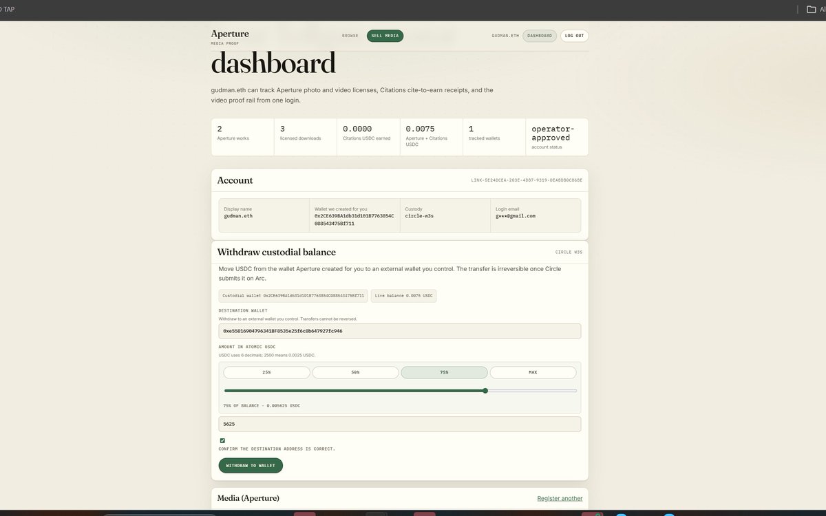 Tollgatewd's tweet photo. First creator withdrawal through Tollgate/Aperture.
  
  Listed the work, got paid, withdrew the balance.
  
 This is the creator economy loop I wanted to prove: not “earnings” trapped in a dashboard, but real money a creator can move. https://t.co/jaGhSLPdR7