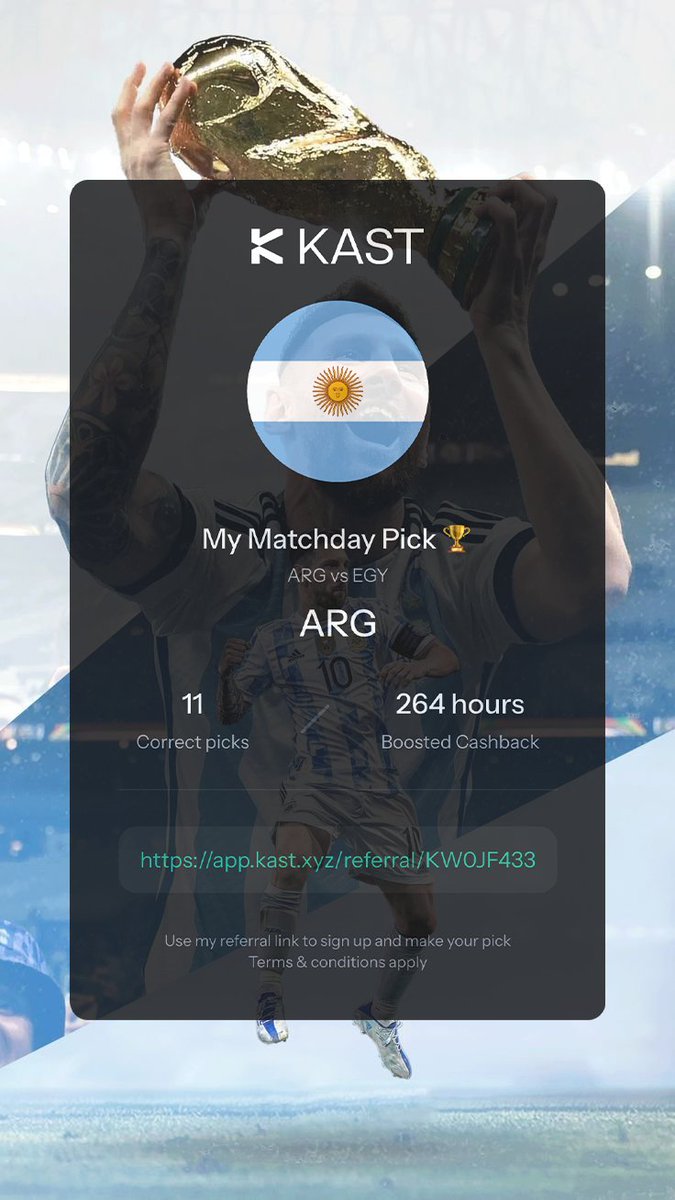 rogalev_lion's tweet photo. My pick for today is Argentina 🇦🇷

With @KASTxyz , watching the FIFA World Cup becomes way more exciting

Especially since you get 3x cashback for making the right choice 👀 https://t.co/eAgYWxdGp6