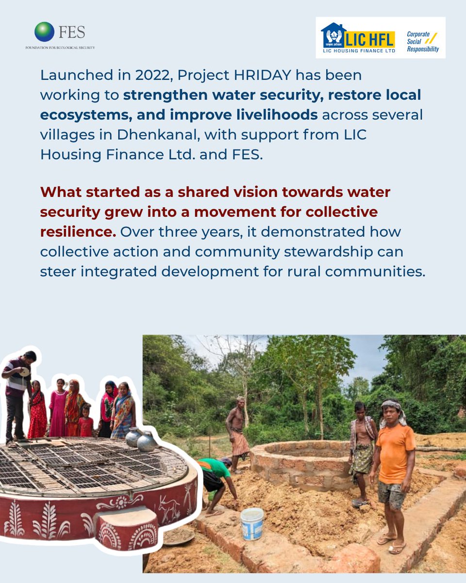 fesforcommons's tweet photo. For the past three years, the villages of Dhenkanal, Odisha, have been writing their own story of resilience. Through Project HRIDAY, communities came together to secure their water, restore forests and degraded landscapes and strengthen the institutions that govern their daily lives, as the architects of every change.

The journey reflects the vision of the Ministry of Panchayati Raj's vision for Localising the Sustainable Development Goals (LSDGs), such as
- Water Sufficient Gram Panchayats (Theme 4) through improved water security and groundwater recharge
- Clean & Green Gram Panchayats (Theme 5) through forest restoration, soil and water conservation and natural farming
- Women-Friendly Gram Panchayats (Theme 9) through Mahila Sabhas, Mahila Samman Ghars, women's leadership, and adolescent girls' awareness and training in menstrual health and hygiene.