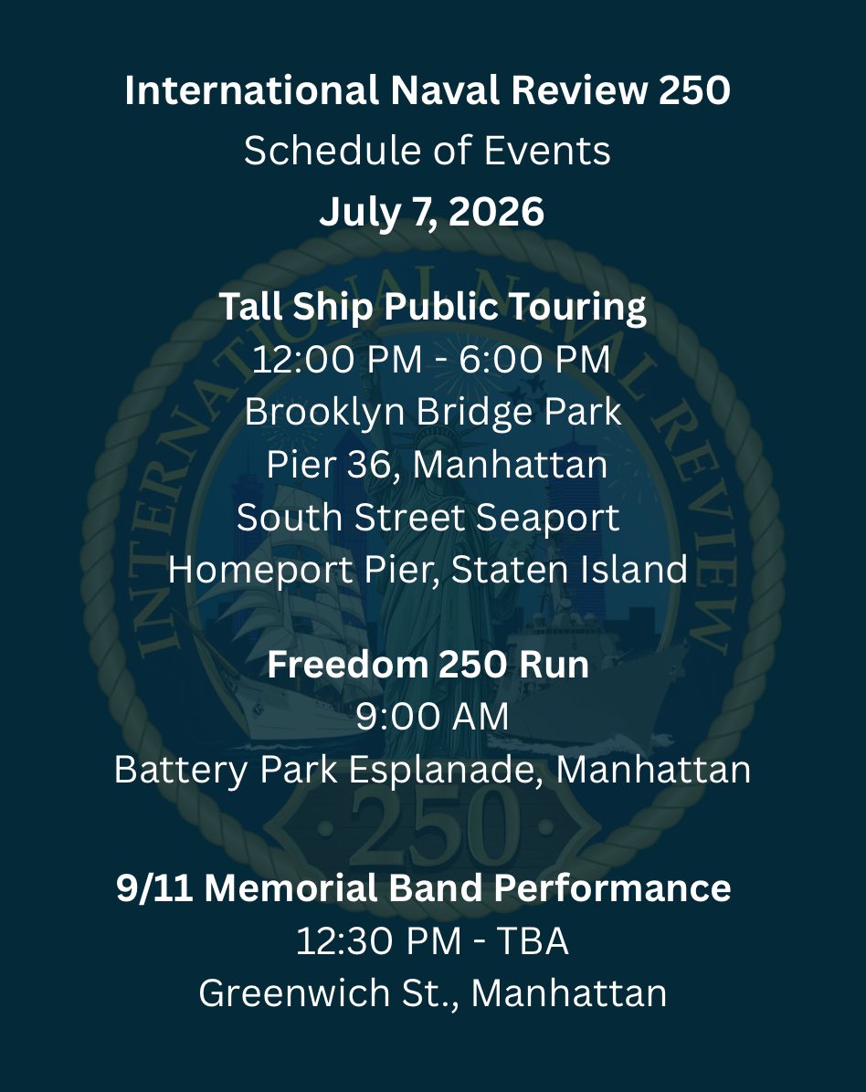 FleetWeekNYC's tweet photo. Tuesday - we can’t promise you tacos, but we can promise you a full day. 

Tall ship tours with our friends at @sail4th

Freedom 250 run at the Battery 

9/11 Memorial Band Performance 

Join us through July 8 at International Naval Review 250 in New York City. 

#INR250 🇺🇸⚓️🗽 https://t.co/UkNys9njGY