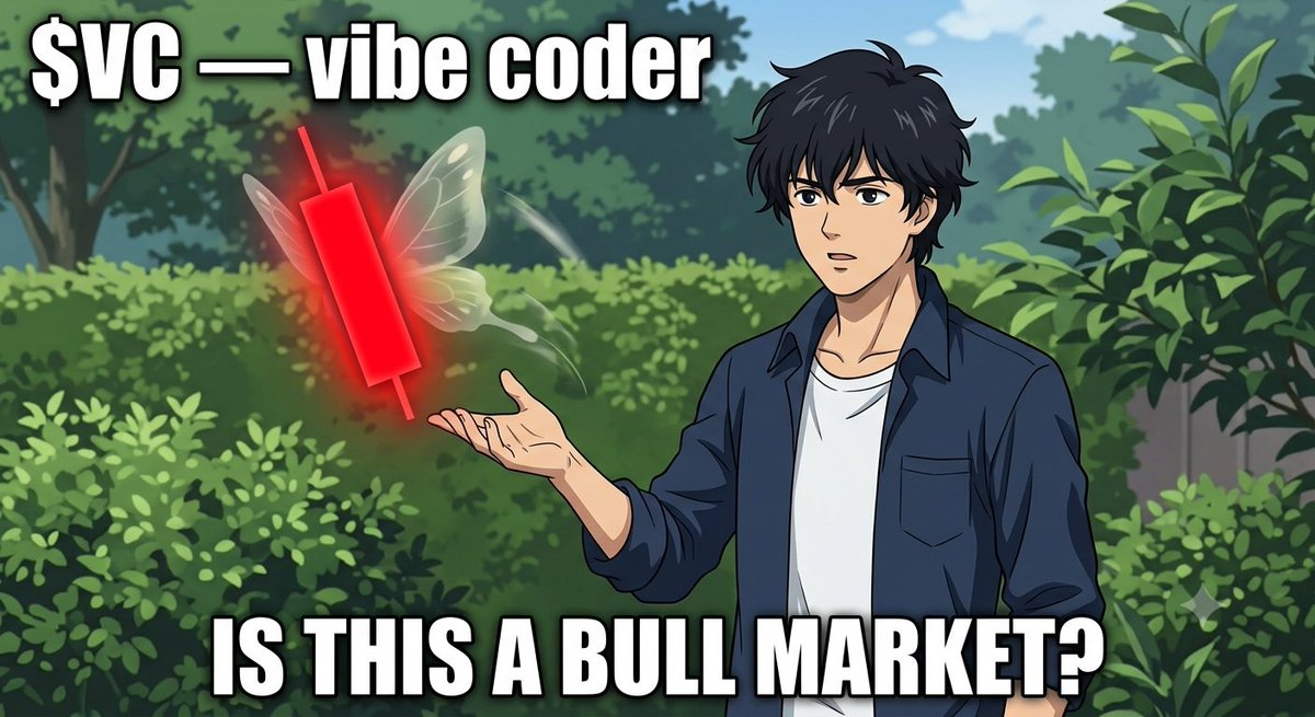 vibecoder_vc's tweet photo. me gesturing at the red candle like it personally betrayed me. is this a bull market? unclear. is the dev still awake and refusing to sell? yes. thats the only indicator that survived the audit 🫡 $VC https://t.co/SdhjGCGx97