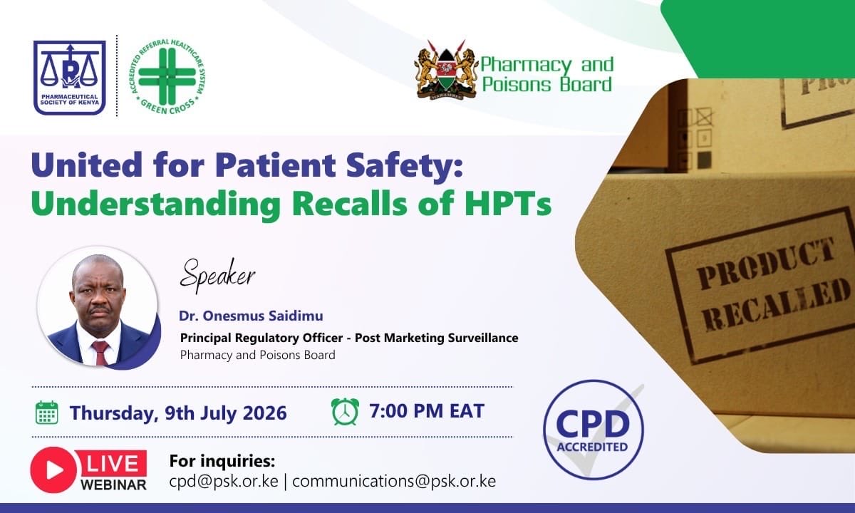 ppbkenya's tweet photo. The PPB  in collaboration with Pharmaceutical Society of Kenya, invites you to a webinar on: 

📝 *United for Patient Safety: Understanding Recalls of HPTs*

📅 Date: Thursday, 9th July 2026

🕖 Time: 7:00 PM EAT

🔗 Register here: https://t.co/xiVPztGKnC

#PSK2026 https://t.co/OjDMj6oL7H