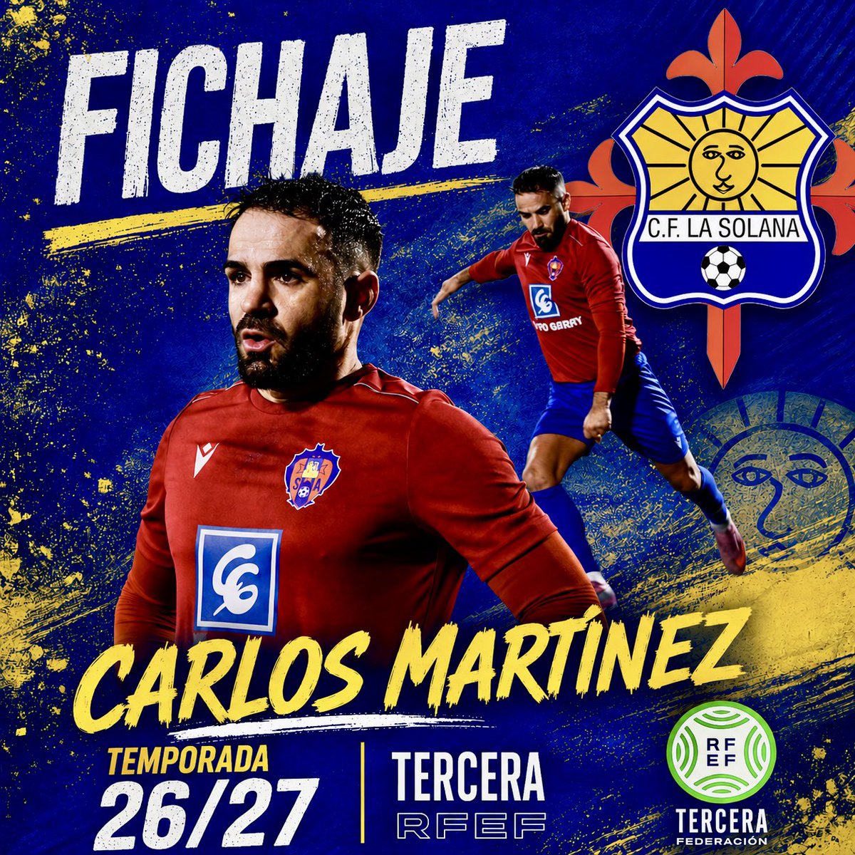 Cflasolana's tweet photo. ✅FICHAJE✅

Carlos Martínez se une al CF La Solana para la próxima temporada como lateral izquierdo, con una gran trayectoria en el fútbol castellano-manchego, donde destacan cuatro temporadas en Segunda RFEF con Villarrubia y Socuéllamos.  
¡Bienvenido a tu nueva casa!  
💛💙 https://t.co/sZ3PuMG4v3