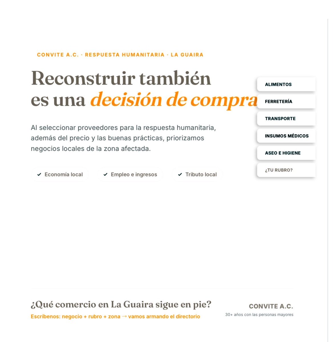 conviteac's tweet photo. Al elegir proveedores para la respuesta humanitaria, no solo miramos precio y buenas prácticas: priorizamos negocios locales de la zona afectada. Así se fortalece la economía golpeada, se genera empleo e ingresos.

¿Qué quedó en pie en La Guaira? Urge un directorio de proveedores por rubro.
 
Reflexiones para avanzar en una respuesta humanitaria inteligente.