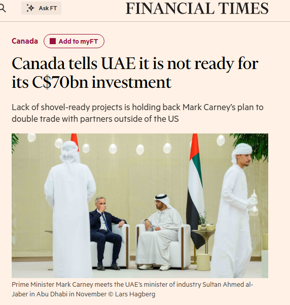 cbcwatcher's tweet photo. "Prime Minister Mark Carney’s flagship investment agency has delivered a blunt message to United Arab Emirates officials looking to pour billions of dollars into Canada: we have nowhere to put your money.

Three officials, speaking on the condition of anonymity, said the Calgary-based Major Projects Office in mid-June told an official UAE delegation it was too soon to inject capital into Canada.

“The PM keeps talking about the C$70bn [US$49bn] UAE commitment he secured on his first visit in November. None of that has been deployed,” said one Canadian official."