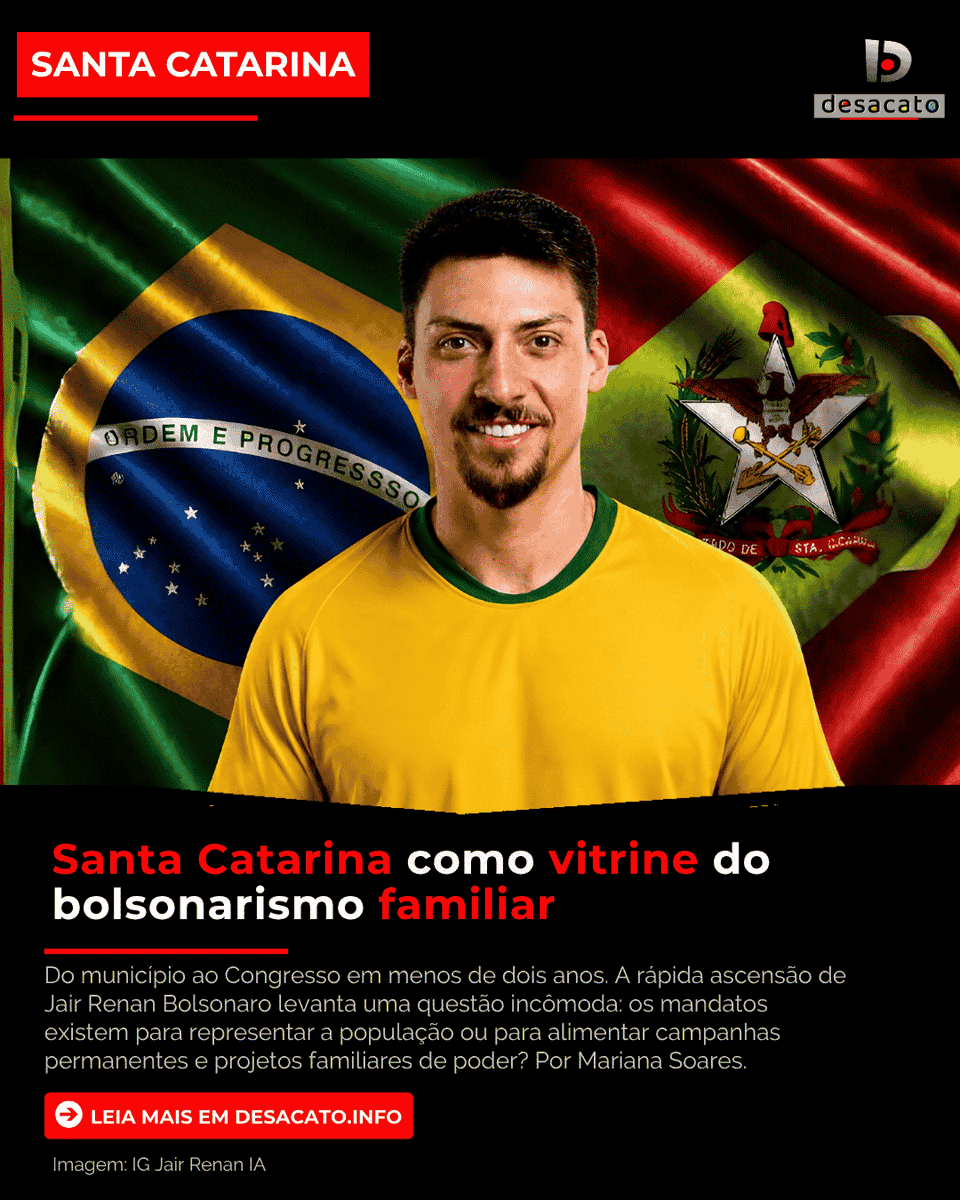 portaldesacato's tweet photo. Santa Catarina consolida-se como o principal laboratório eleitoral do bolsonarismo. A pré-candidatura de Jair Renan evidencia um projeto de ocupação permanente das instituições, em que o capital político é transmitido de pai para filho como uma herança familiar.

Leia mais em https://t.co/SWyTfAQR33