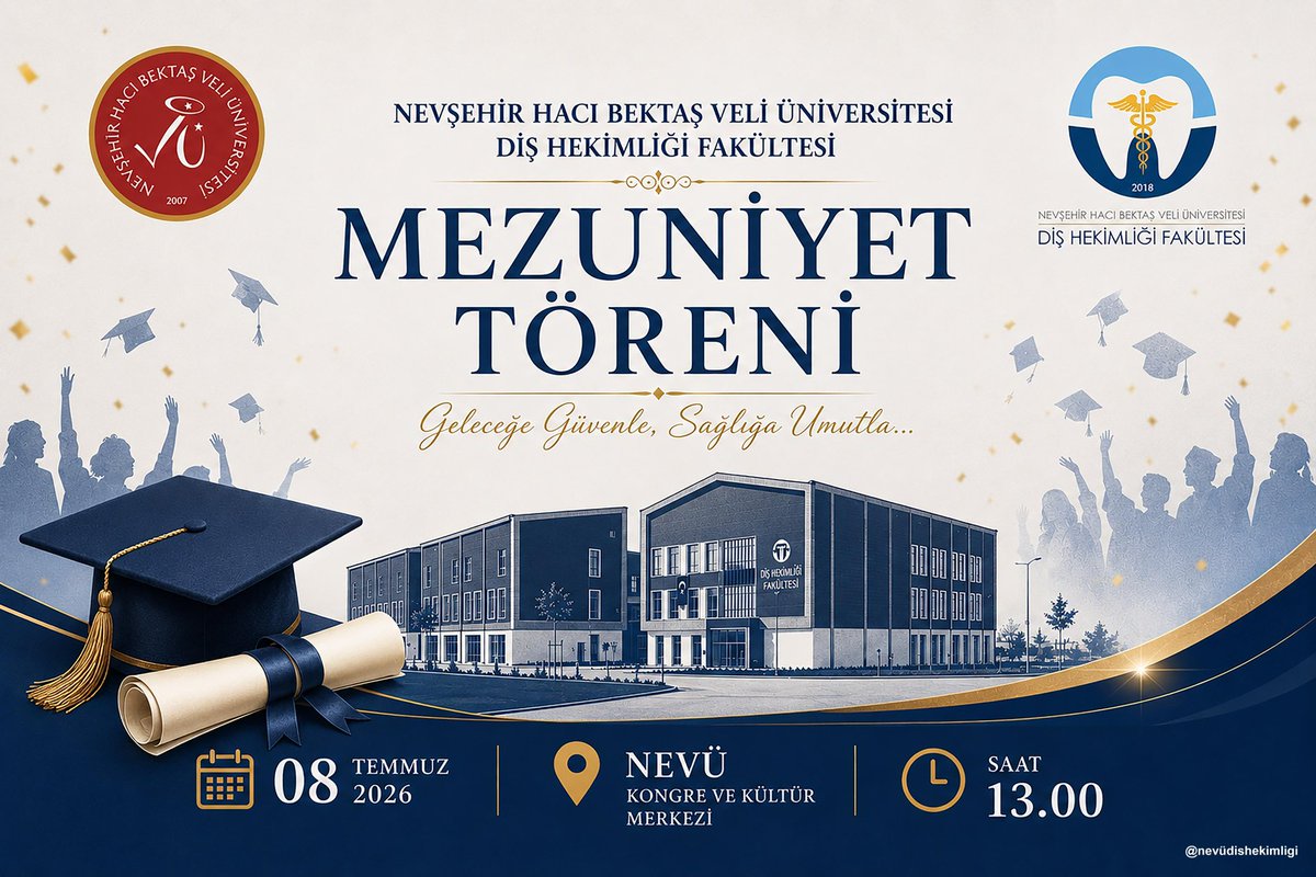 DisNevu's tweet photo. Nevü Diş Hekimliği Fakültesi ilk Mezunlarını veriyor.
Tarih: 8 Temmuz 2026, Çarşamba
Saat: 13.00
Yer: NEVÜ Kongre ve Kültür Merkezi
Katılımınızdan onur duyarız https://t.co/Qbdr3I0gcG
