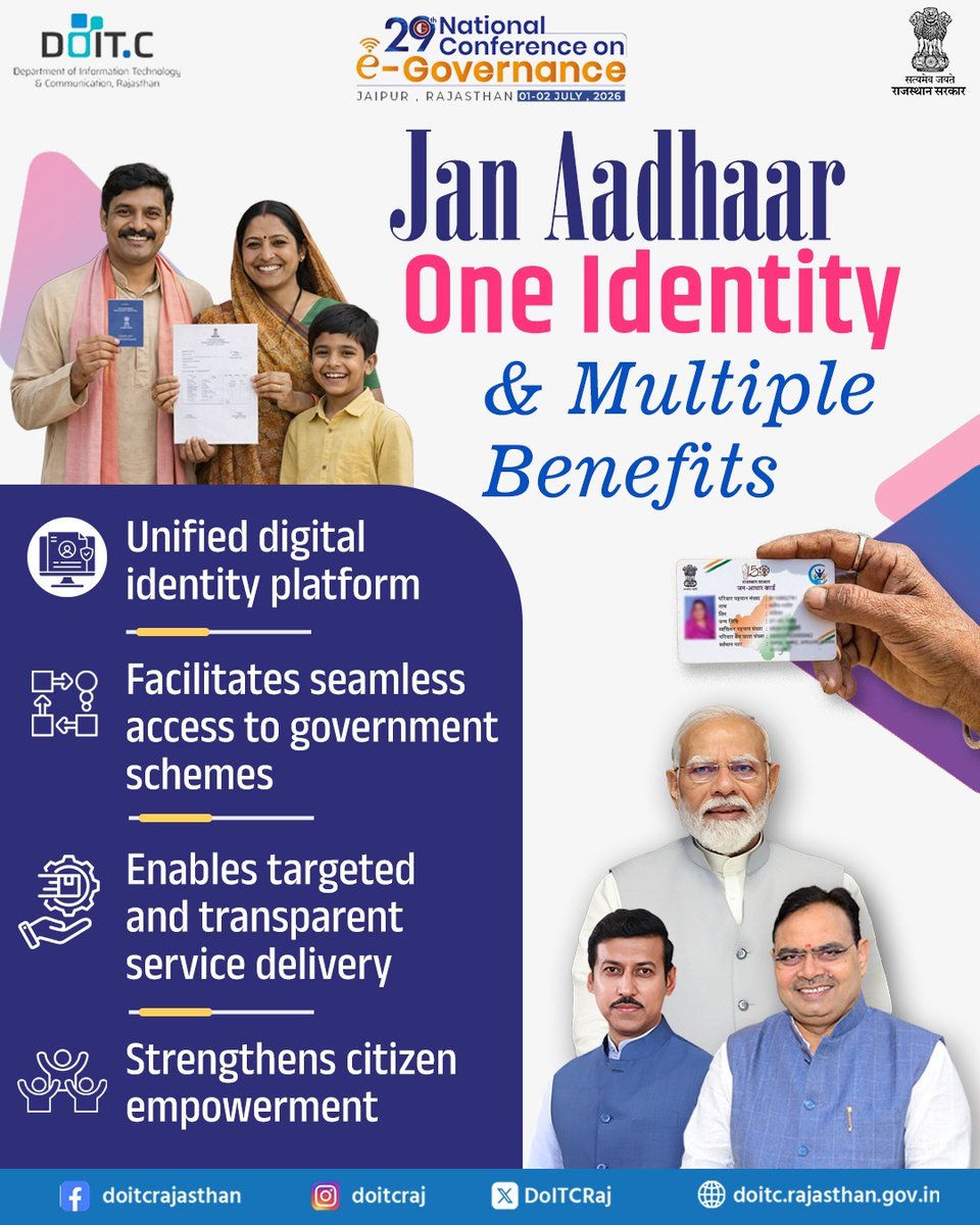DoITCRaj's tweet photo. Jan Aadhaar serves as a unified gateway to government schemes and welfare benefits, ensuring efficient, transparent and citizen-centric service delivery.
#DOITC https://t.co/R8a14MFfgK