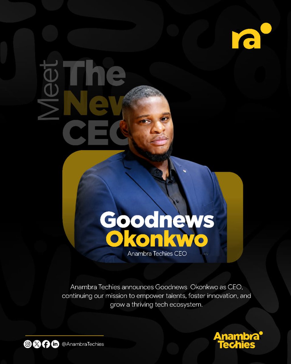 AnambraTechies's tweet photo. A new chapter begins.

Today, we are excited to introduce Goodnews Okonkwo as the CEO of Anambra Techies.

As we continue building opportunities for tech talents across Anambra and beyond, his leadership marks the beginning of an exciting new phase for our community. https://t.co/S9WdQoPr4B