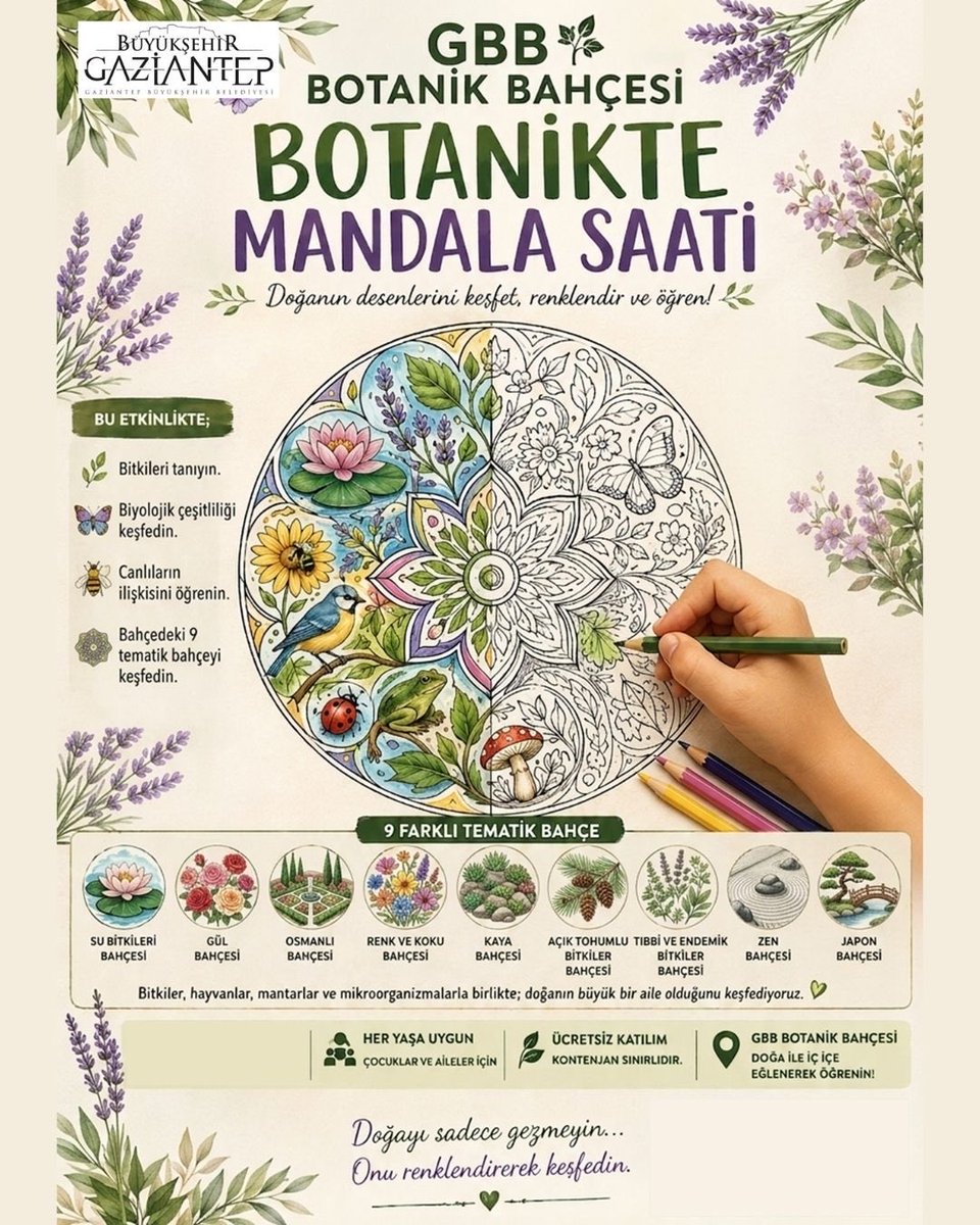 gbbbotanik's tweet photo. Botanik Bahçesi’nde doğanın huzurunu mandalanın sakinleştirici dünyasıyla buluşturuyoruz. 
Renklerin ve desenlerin keyfini çıkarırken hem dinlenebilir hem de yaratıcılığınızı özgürce ortaya koyabilirsiniz. 💚
Mandalalarınızı gişelerden temin edebilirsiniz. 🖍️ https://t.co/cQLEjWOfhz