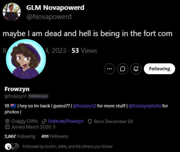 frowzyn2's tweet photo. since getting my old account back I have made the decision to return this to being an alt ✌ my new (or old i guess?) main is @frowzyn1 please go follow that if you follow me here (can we get it to 500?) 👀 https://t.co/ZaeiSSLOYp