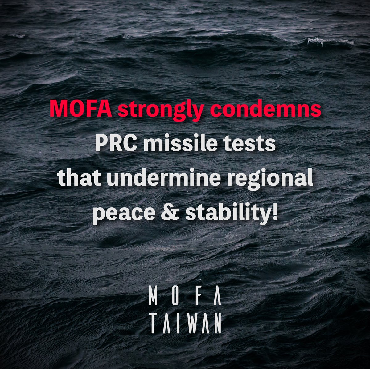 MOFA_Taiwan's tweet photo. We strongly condemn the PRC’s missile launch in the Pacific, which has undermined regional peace &amp; stability. Unilateral attempts to change the #IndoPacific status quo only fuel tensions. #Taiwan🇹🇼 will work with like-minded partners to uphold peace &amp; the rules-based order. https://t.co/OUlDhQKSFK