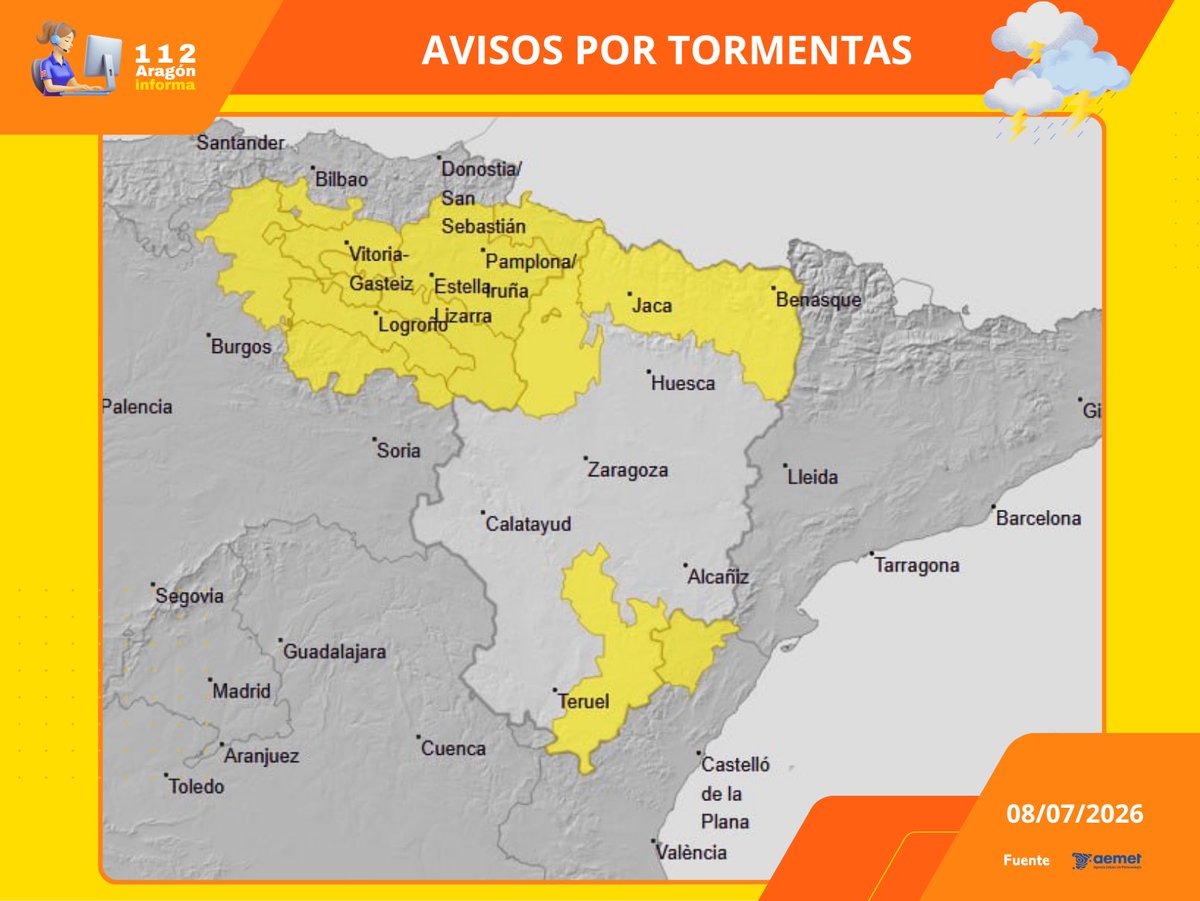 112Aragon's tweet photo. ⚠️ Avisos meteorológicos para mañana, día 8 de julio:
🟠🌡️  Aviso naranja por temperaturas máximas en las provincias de Huesca y Zaragoza y en Bajo Aragón ➡️entre las 13:00h y las 21:00h
 🟡🌡️ Aviso amarillo por temperaturas máximas en Albarracín y Jiloca , Gúdar y Maestrazgo ➡️entre las 13:00h ylas 21:00h
🟡⛈️Aviso amarillo por tormentas en Pirineo oscense, Gúdar y Maestrazgo y Cinco Villas ➡️ entre las 12:00h y las 21:00h.

🔗https://t.co/swQkgvQKPn