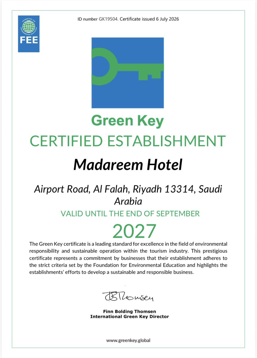 madareemhotel's tweet photo. إنجاز نفخر به ✨

حصل فندق مداريم على شهادة Green Key العالمية، تأكيدًا لالتزامنا بالاستدامة من خلال ترشيد الموارد، وإعادة التدوير، واستخدام المنتجات الصديقة للبيئة، وتقليل هدر الطعام، وتطبيق ممارسات تقلل الأثر البيئي.

لأن الضيافة المستدامة تبدأ بالمسؤولية تجاه البيئة .. 🍃 https://t.co/TOyQgVk2cs