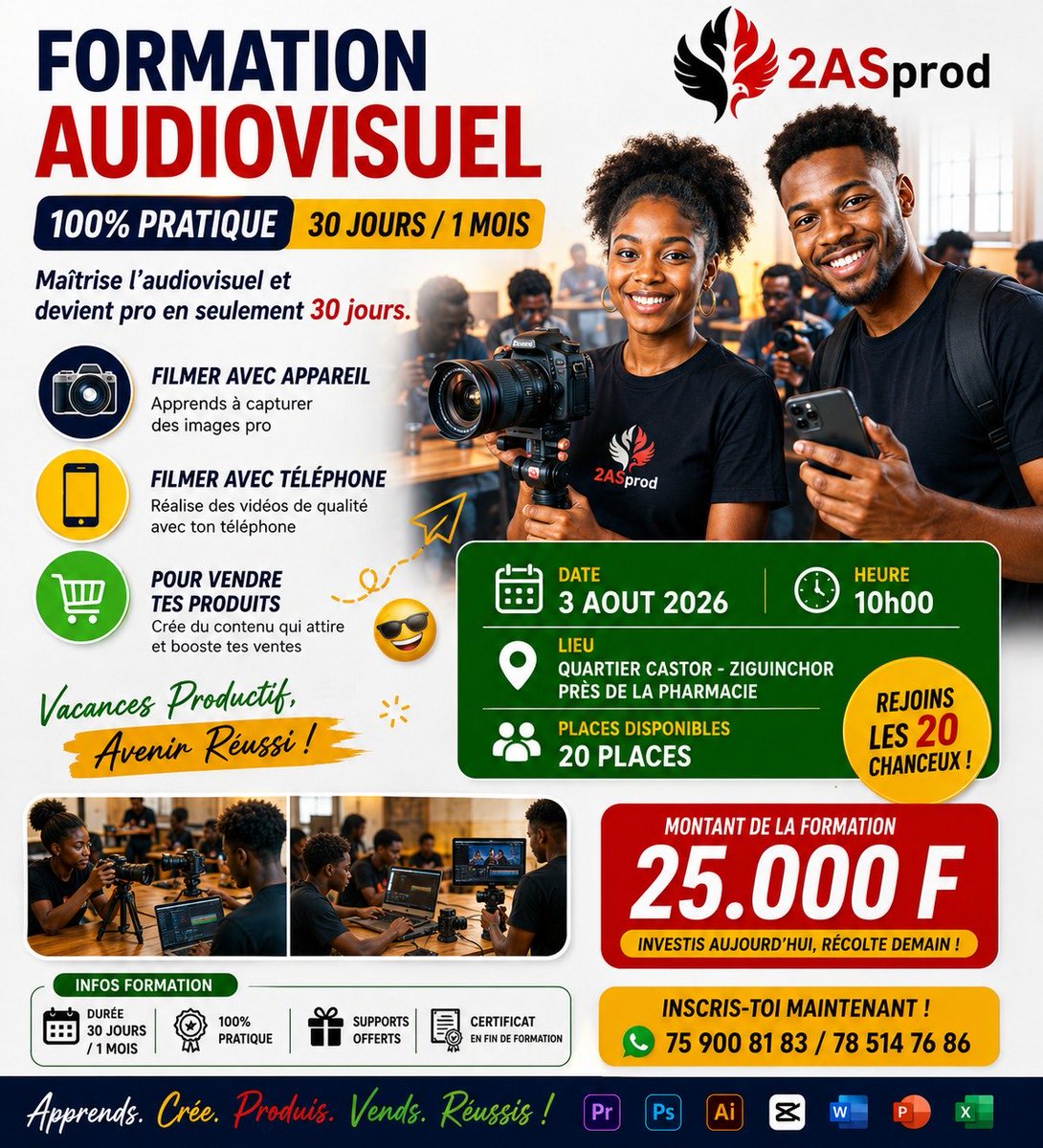 InstitutASprod's tweet photo. 🎥** VACANCES PRODUCTIVES 2026 : Deviens un pro de l'audiovisuel en seulement 30 jours !**

Tu rêves de créer des vidéos de qualité, de filmer comme un professionnel avec une caméra ou simplement avec ton téléphone ?

📅 *Début : 03 août 2026 à 10h00* https://t.co/RH7Rk6AjOx