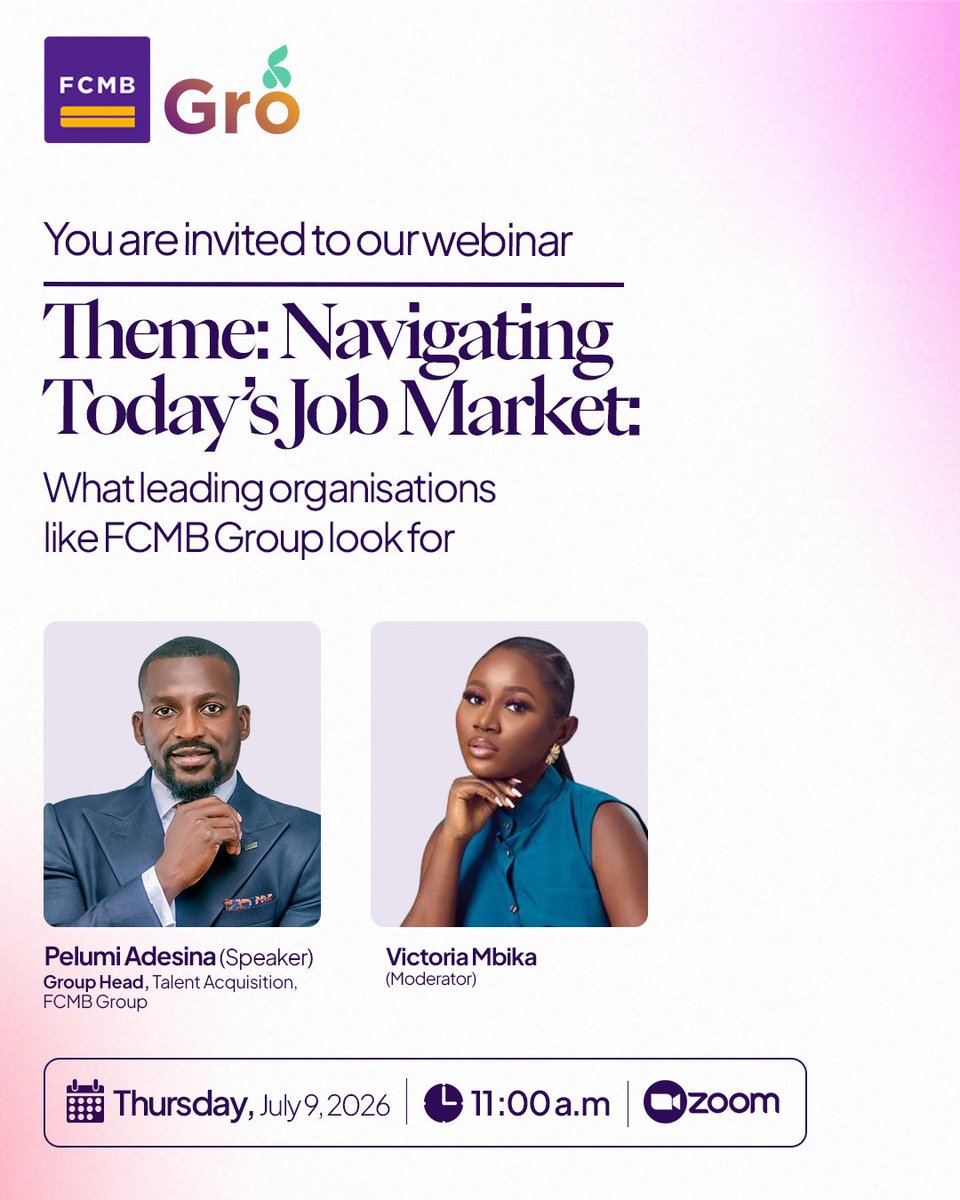 MyFCMB's tweet photo. What does it take to get noticed by top employers?
Find out from Pelumi Adesina, Group Head, Talent Acquisition, FCMB Group, as he shares practical insights for navigating today’s job market.
Don’t miss it!
Tag a friend who needs this.
#FCMB #JobMarket https://t.co/zvMPvGeczE