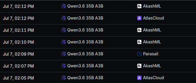 cro7nis's tweet photo. I have been using Gwen 3.6 though OpenRouter a lot  and i noticed that most of my requests are served from AkashML. This is not a chance as AkashML is the most cheap and highest uptime provider for this model. $AKT https://t.co/0R1R5csGPG