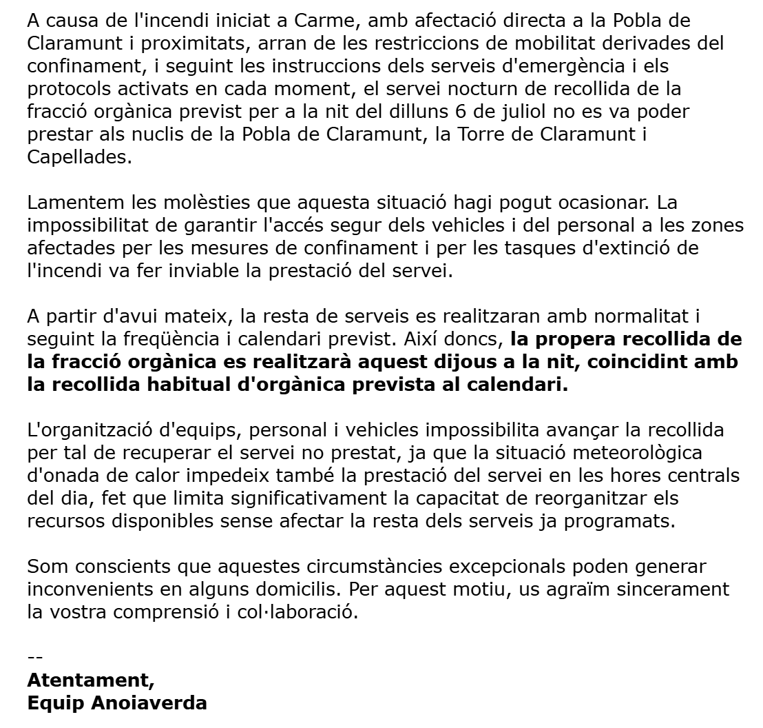 anoiaverda's tweet photo. ℹ️ COMUNICAT - Afectacions a la recollida PaP d'orgànica del 06/07 a la nit, als nuclis de la Pobla de Claramunt, la Torre de Claramunt i Capellades 🚨 https://t.co/gKmjEzKjjE