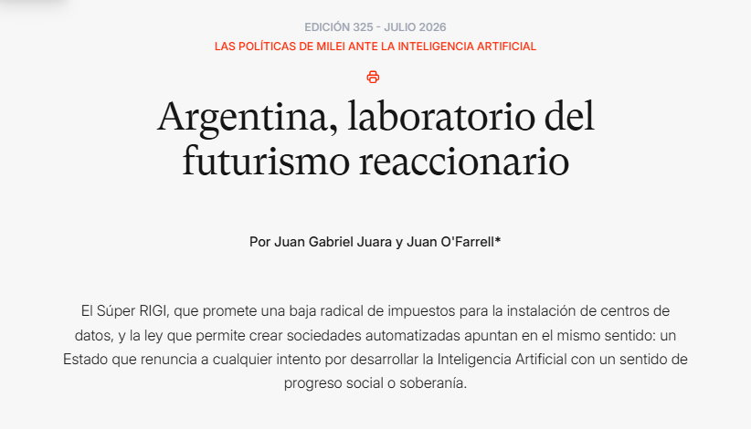 juanofarrell's tweet photo. La agenda de IA del gobierno combina retórica de ciencia ficción y desprecio por cualquier tipo de mediación estatal. Tiene pocas ideas pero es profundamente ideológica. Ahora encontró sus primeras políticas.

Escribimos sobre esto con @juangjuara para @ElDiploConoSur https://t.co/QgoXmuJZ8n