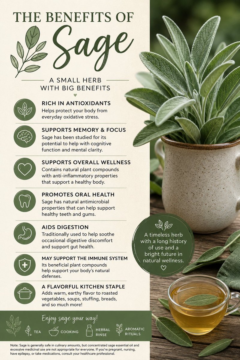 RolaEssence's tweet photo. 🌿 Sage has been treasured for centuries, and for good reason. Rich in antioxidants and studied for its potential to support memory, focus, digestion, and oral health, this humble herb reminds us that nature often offers extraordinary gifts in simple forms.

What’s your favorite way to use sage?

#Sage #Herbalism #NaturalLiving #HerbalWellness #GardenLife #PlantWisdom #RolaEssence