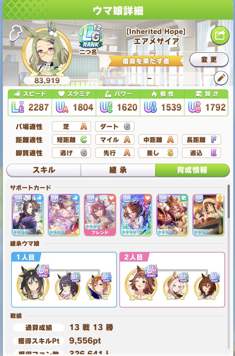 mscbl_umama's tweet photo. エアメサイアＬＧ１２
切れ者あり　針無し
ＬＧ１２初報告になるかな？

スピサトノを入れてSpよりもステ重視の育成でした
技能試験は全体ランキング９位相当です https://t.co/ACALY5OCGC
