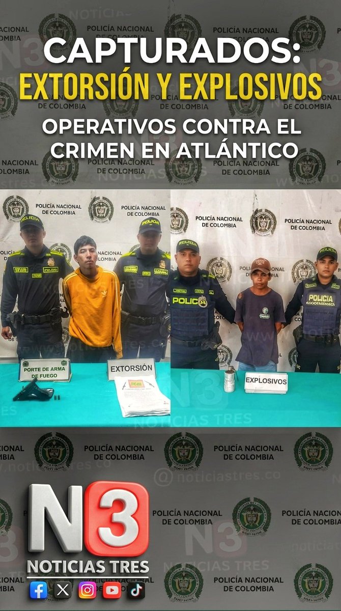 NOTICIASTRES's tweet photo. 🚨 ÚLTIMA HORA|Dos presuntos delincuentes fueron capturados en Barranquilla. Según la Policía, les incautaron un arma de fuego, una granada y panfletos extorsivos durante operativos en Las Flores y La Playa.
Leer más en@Noticias3Col.
#ÚltimaHora #Barranquilla #Colombia #Seguridad https://t.co/7eYUrH5DcA