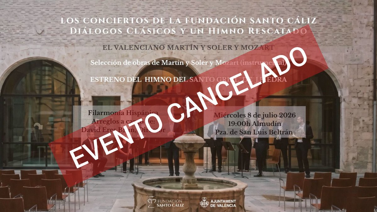 fsantocaliz's tweet photo. 🙏 Lamentamos anunciar la cancelación del concierto previsto para mañana, 8 de julio, a causa de la ola de calor por indicación del @AjuntamentVLC ☀️🌡️

Sentimos las molestias y esperamos poder anunciar una nueva fecha lo antes posible 🔜

🌐 https://t.co/Q6cemL8QsJ 🤝 https://t.co/q45A2QmHUZ
