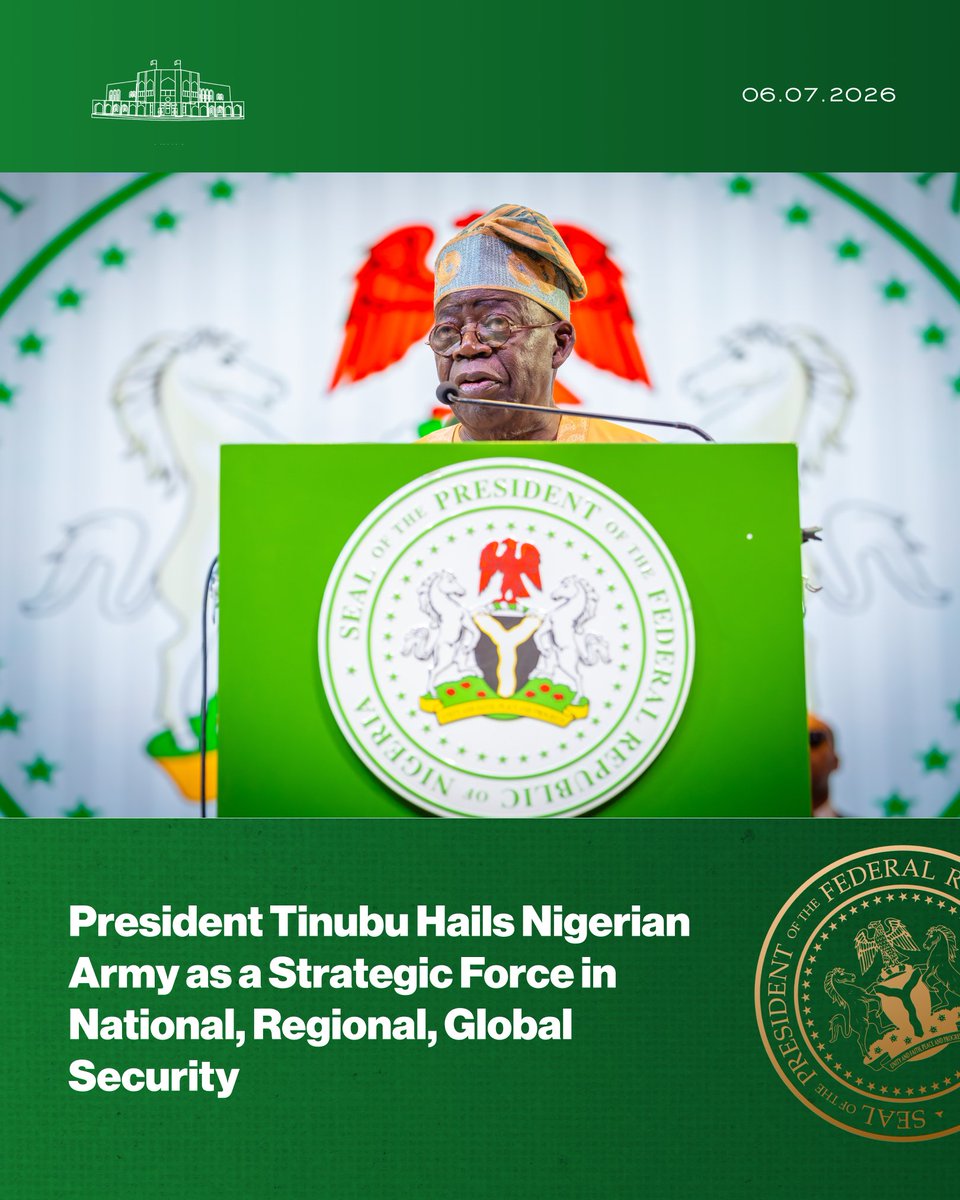 NGRPresident's tweet photo. President Tinubu Hails Nigerian Army as a Strategic Force in National, Regional, Global Security.

@HQNigerianArmy https://t.co/8iqq6JAdFy