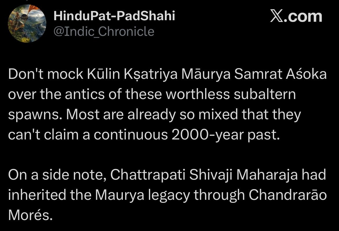 MythicMuse21's tweet photo. shivaji Maharaj inherited Maurya legacy ///

So basically, what this kallu Maratha wants to say is that Shivaji was a nazayaz aulad of Biharis? Am I right @Indic_Chronicle ?? https://t.co/WlnV6pUz3V