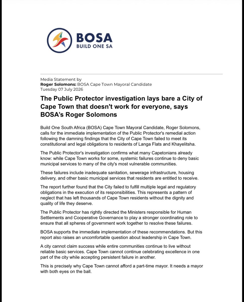 BuildOneSA's tweet photo. [Must Read ‼️] The Public Protector investigation lays bare a City of Cape Town that doesn't work for everyone, says BOSA's Cape Town Mayoral candidate @rogersfeed 

#TheNextChapter
#BuildCPT https://t.co/Q5QbxM8CjS