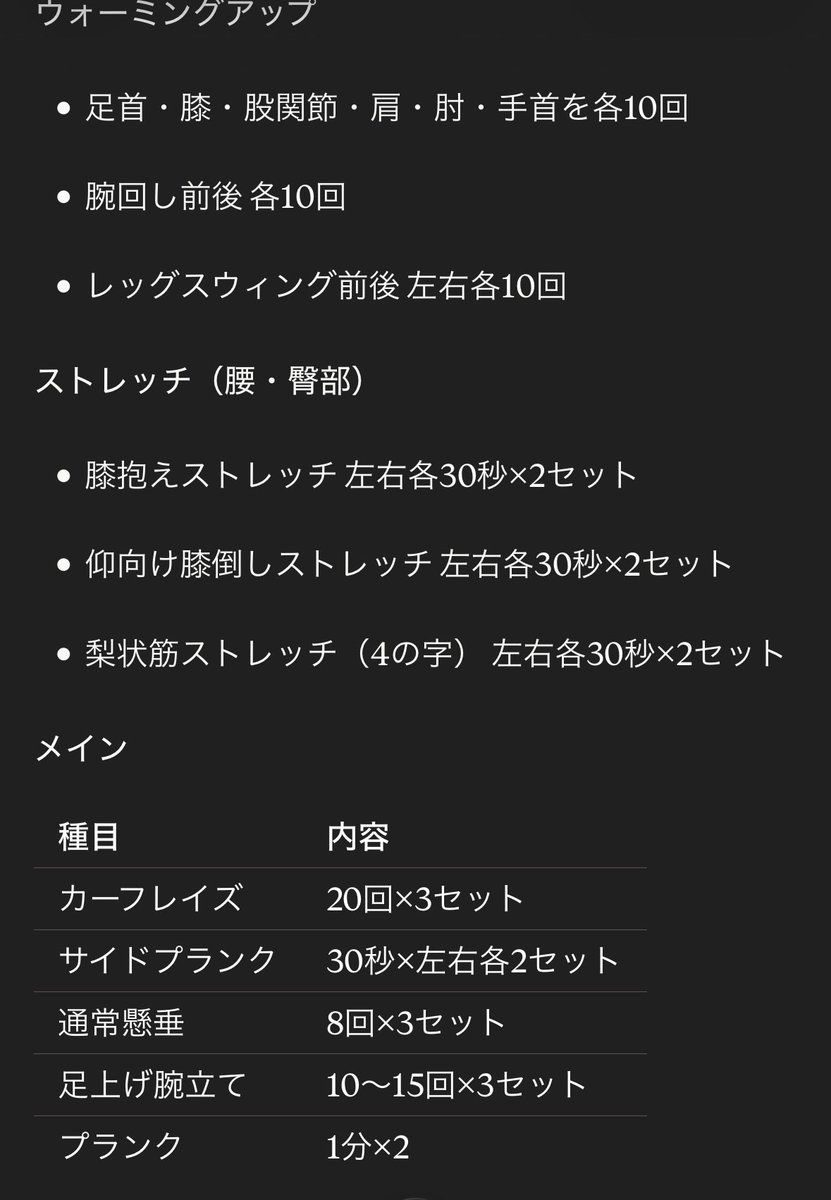 izo_kintore's tweet photo. 本日のトレ内容！
懸垂忘れてた🫠
てか、オイラって、楽しみにしてると出張に阻まれる傾向にあるんやけど、
幼馴染と京都近郊でスパルタンあれば出場と決めてて、今年いっぱいは無し。
で、来年から北海道とか飛ばされそうな気配ある…
嫌な予感しかせん😑 https://t.co/mRlCkW7UL4